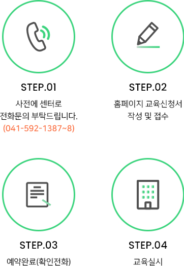 STEP.01 사전에 센터로 전화문의 부탁드립니ㅏㄷ.(041-592-1387~8) STEP.02 홈페이지 교육신청서 작성 및 접수 STEP.03 예약완료(확인전화) STEP.04 교육실시